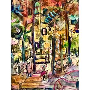 Original Watercolor City Street Painting Colorful Abstract Urban Signed Art